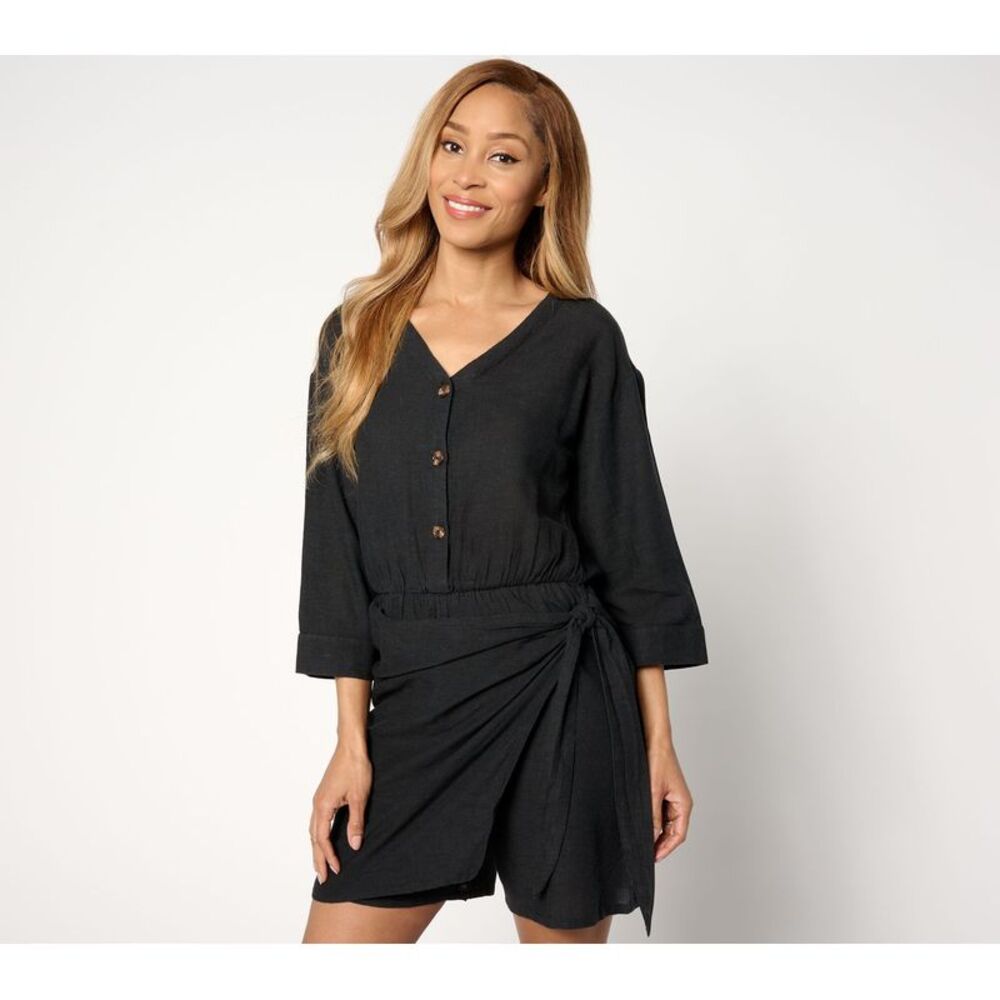Truth + Style Women's Dress Sz L Y-Neck Drop Shoulder Wrap Romper Black A647642